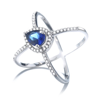 Anel X em forma de lágrima de água com safira e prata esterlina