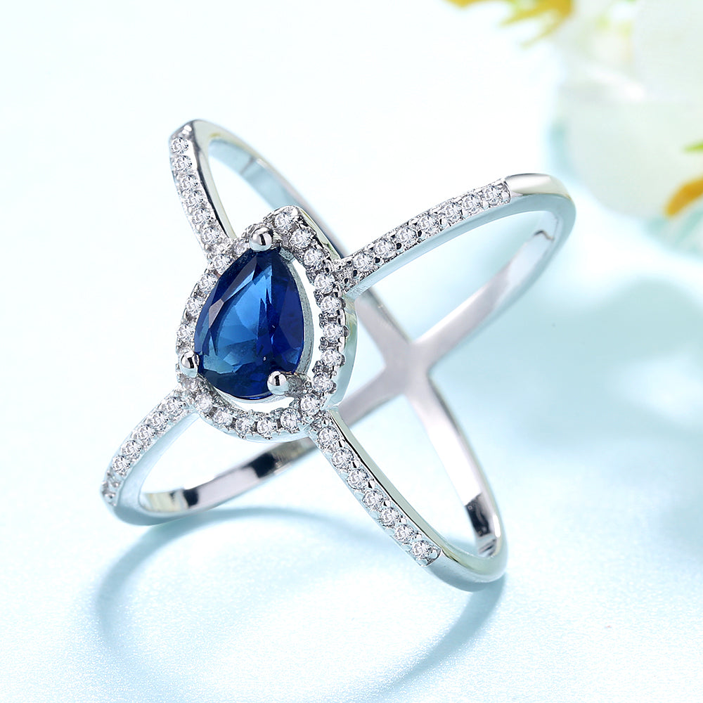 Anel X em forma de lágrima de água com safira e prata esterlina
