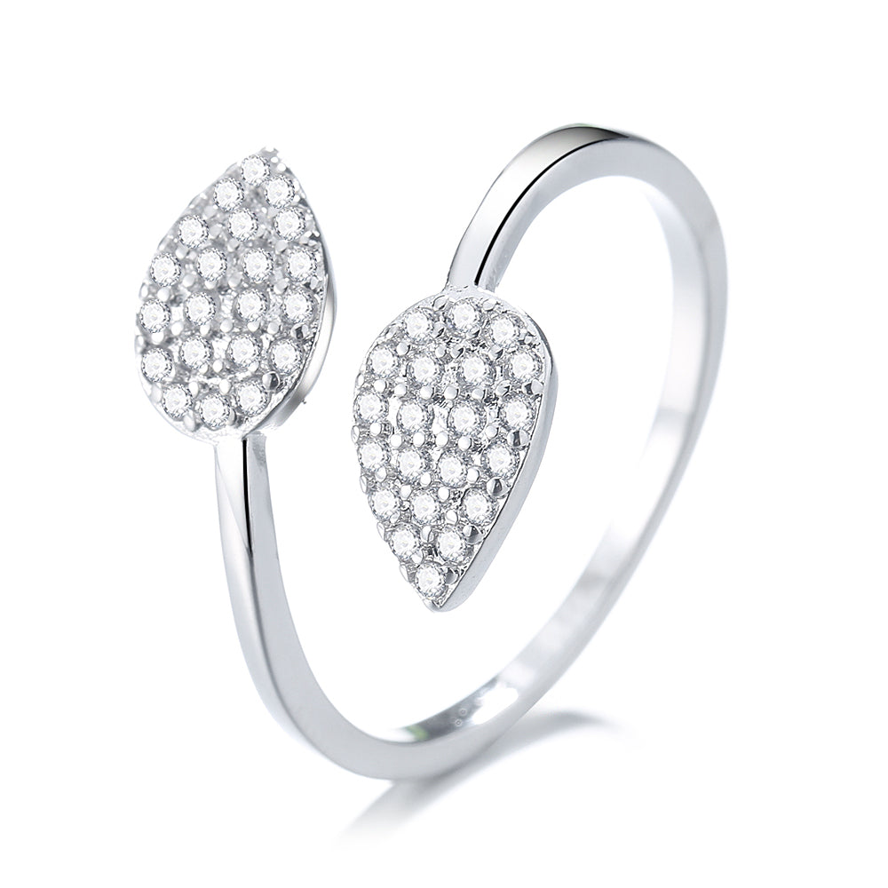 Anel de prata esterlina com duas folhas e cristais Swarovski