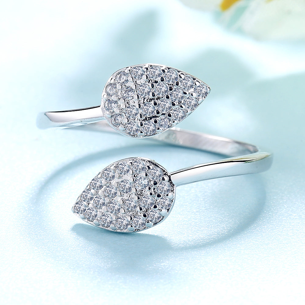 Anel de prata esterlina com duas folhas e cristais Swarovski
