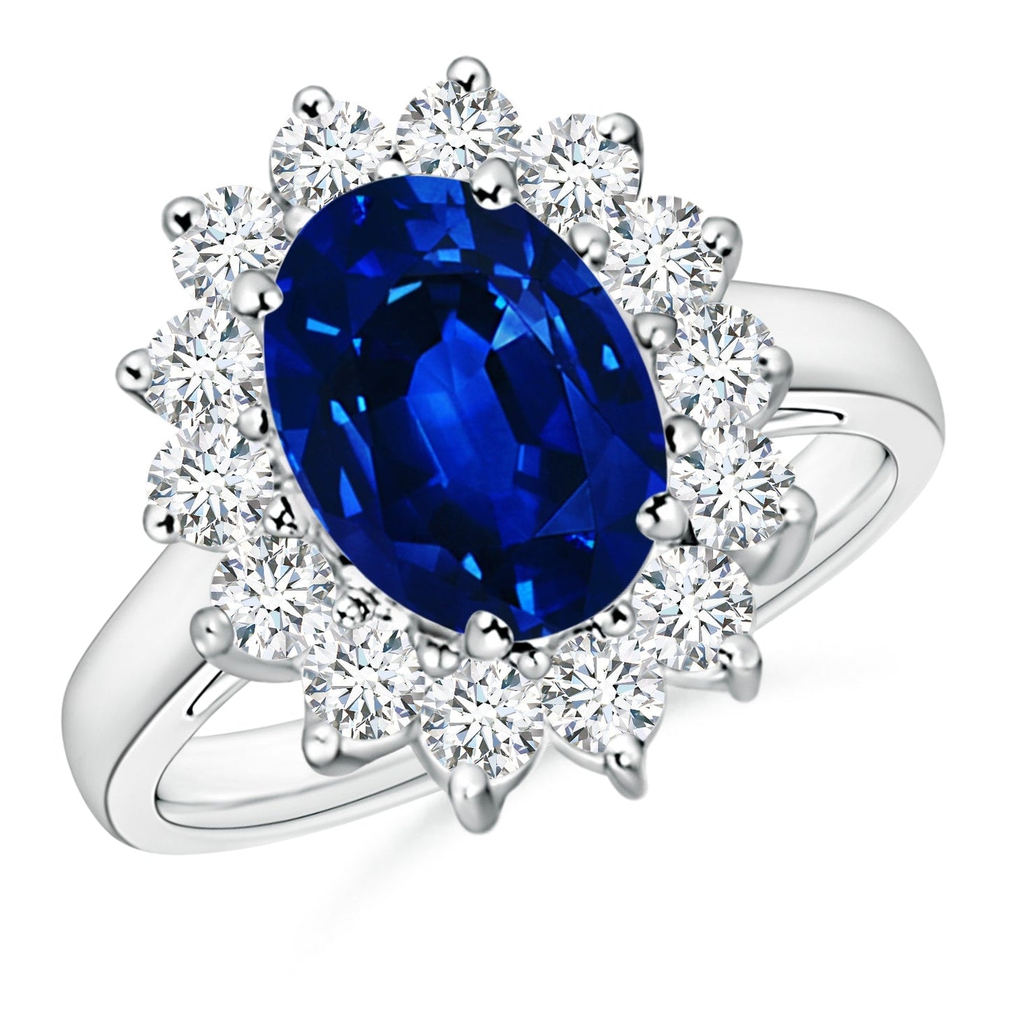 Anel de coquetel Halo Blue Sapphire em prata esterlina e ouro branco