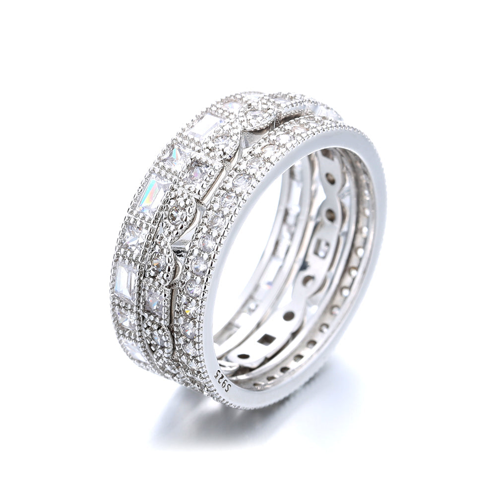 Conjunto de alianças Silvertone Milgrain com cristais Swarovski