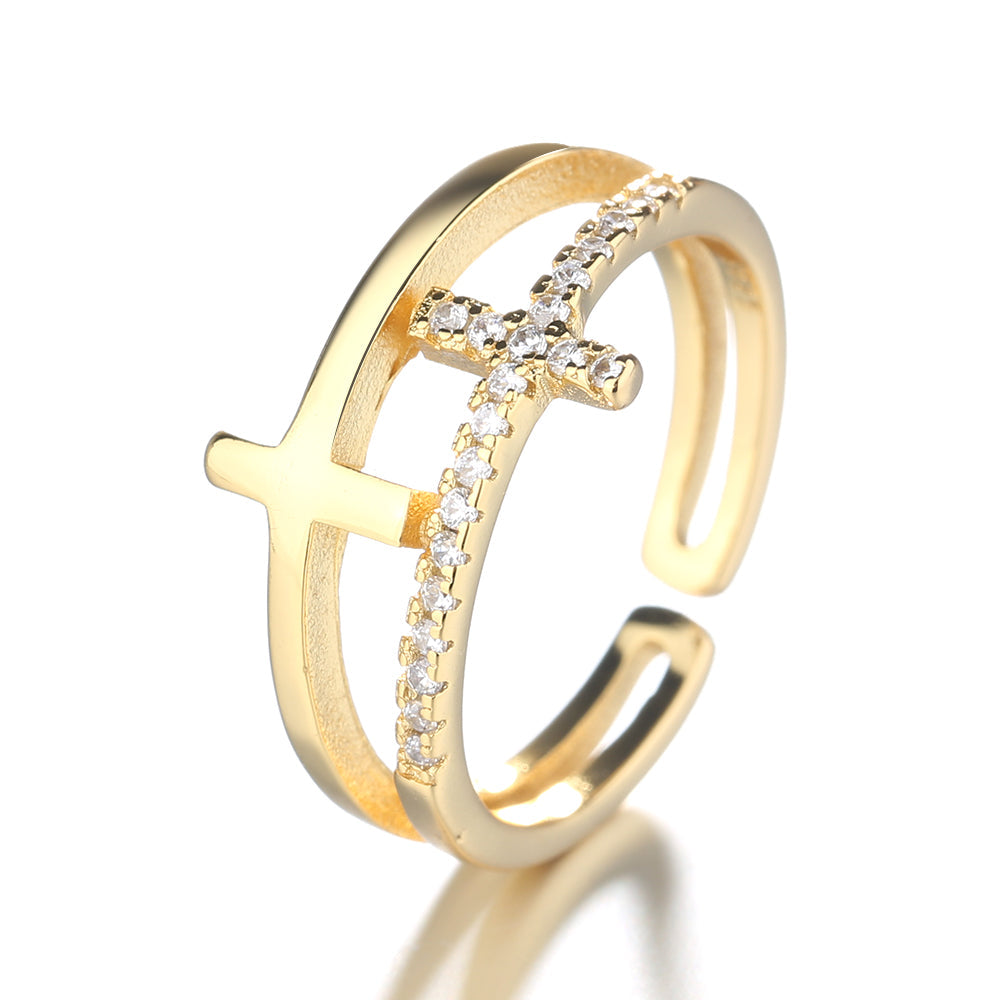 Anel com cruz lateral em ouro branco 18k, ouro amarelo e ouro rosa com cristais