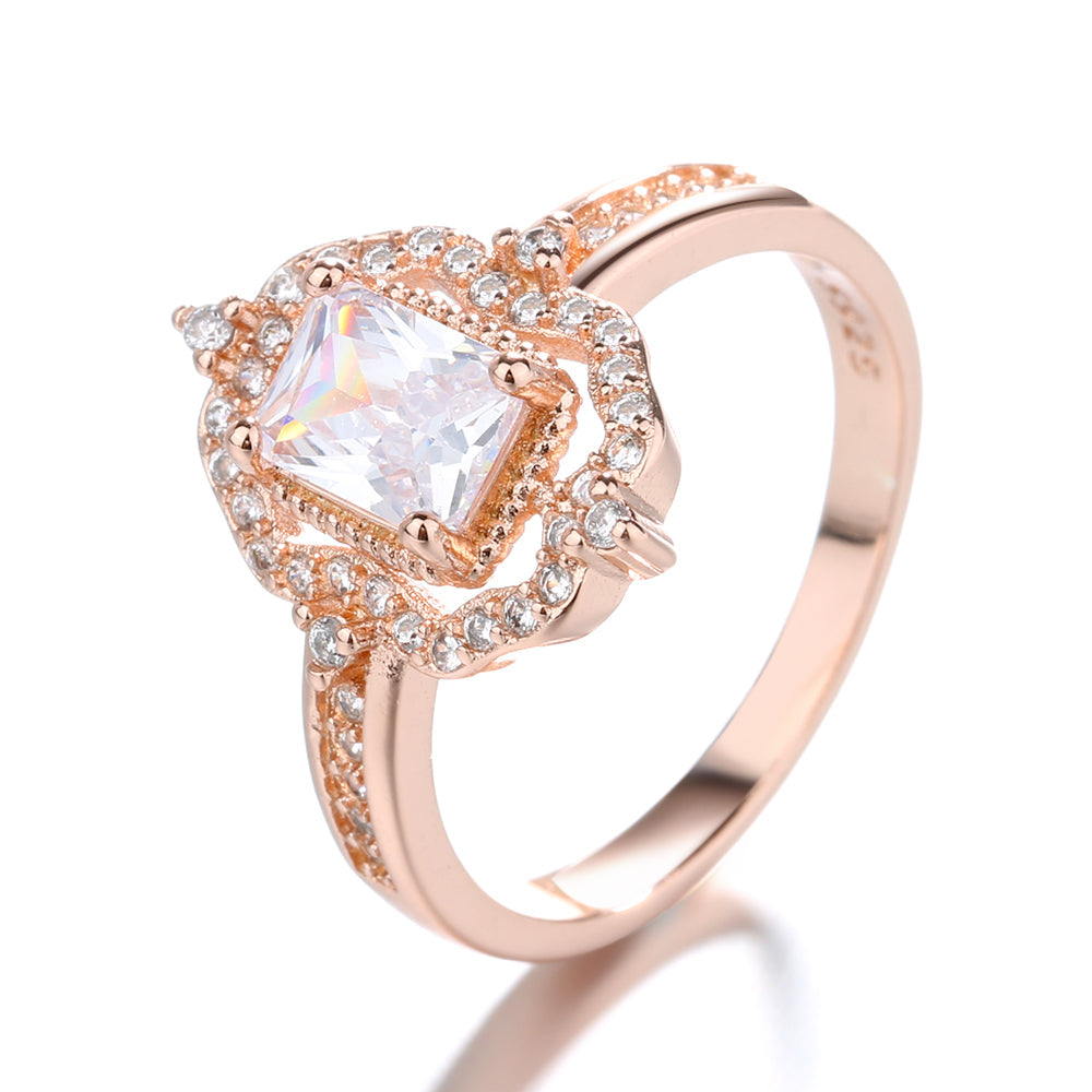 Anel de noivado vintage com diamante e cristal Swarovski em ouro rosa 18K