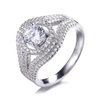 Anel de noivado prateado com 5 fileiras de halo e cristais da Swarovski