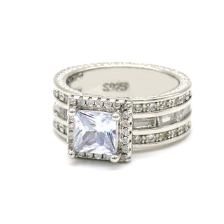 Silver-Tone Mult-Cut Three Row Engagement Ring with Genuine Crystals