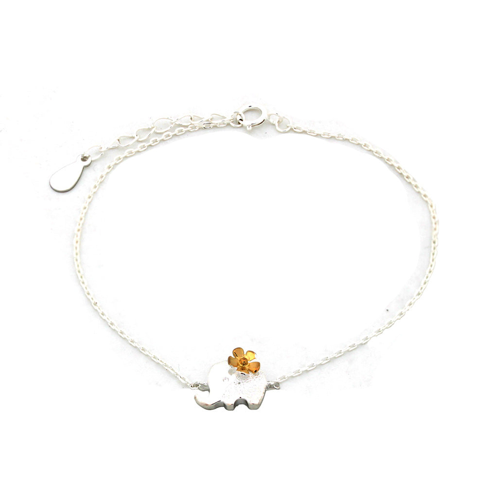 Pulseira de elefante com flor em prata esterlina
