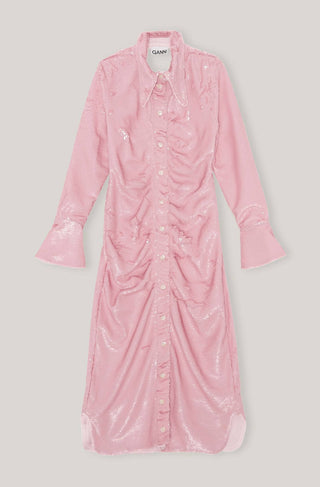 Ganni - Vestido justo com lantejoulas, gola longa e franzido
