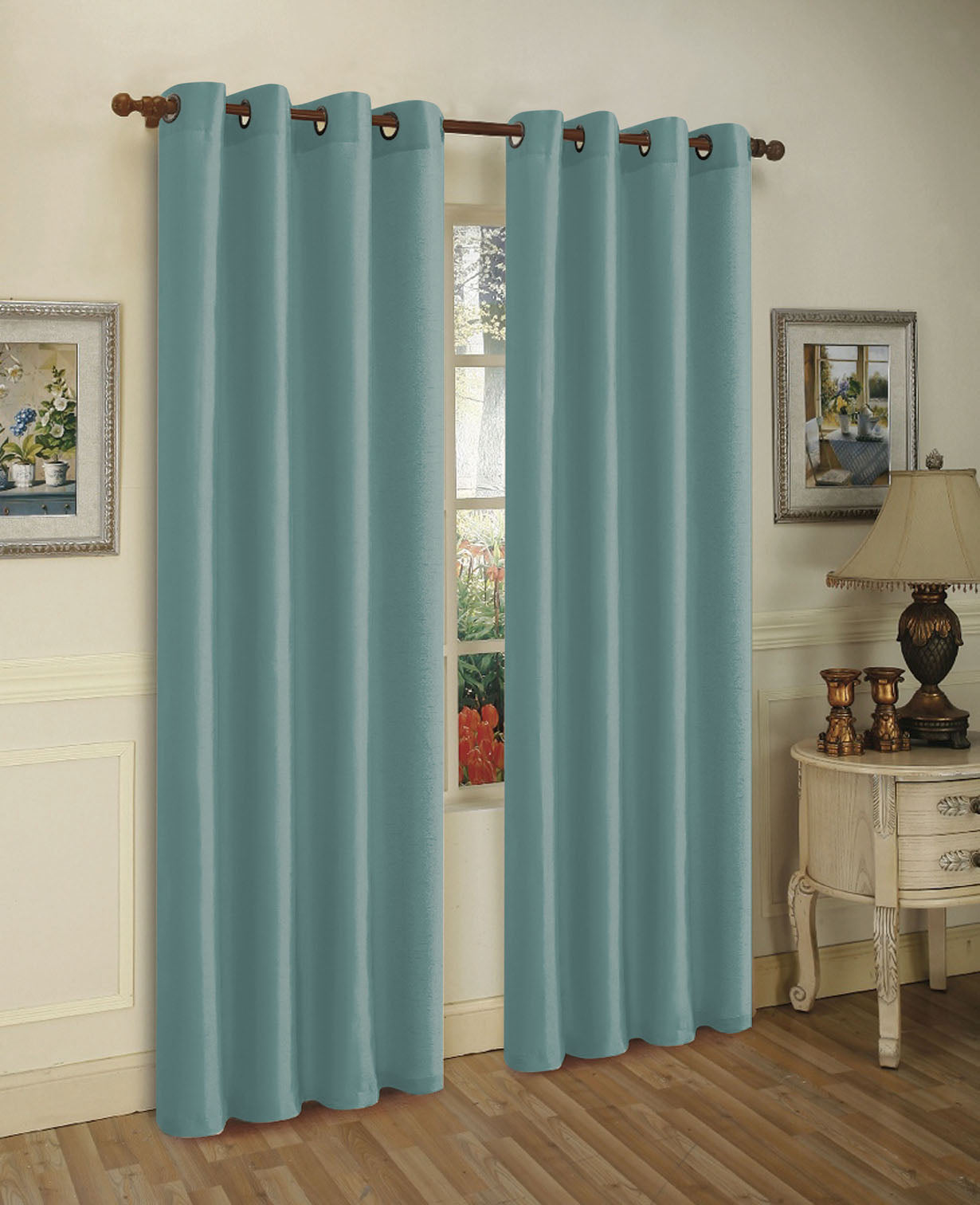 Cortina de janela de seda sintética com ilhós sólidos de 2 painéis J&amp;V TEXTILES com tratamento de 84" de comprimento