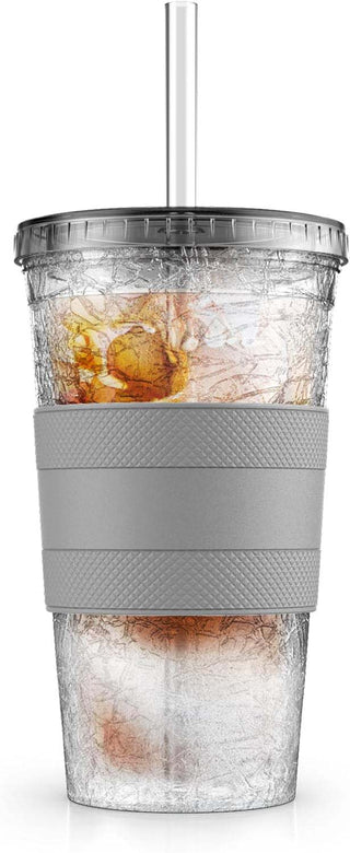 Freezable Iced Coffee Cup with Lid and Straw - Reusable Insulated Ice Tumbler with Grip Sleeve