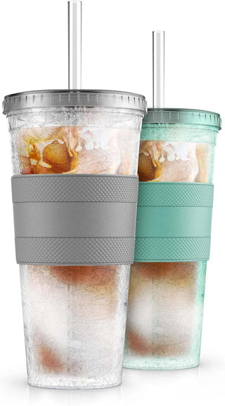 Freezable Iced Coffee Cup with Lid and Straw - Reusable Insulated Ice Tumbler with Grip Sleeve