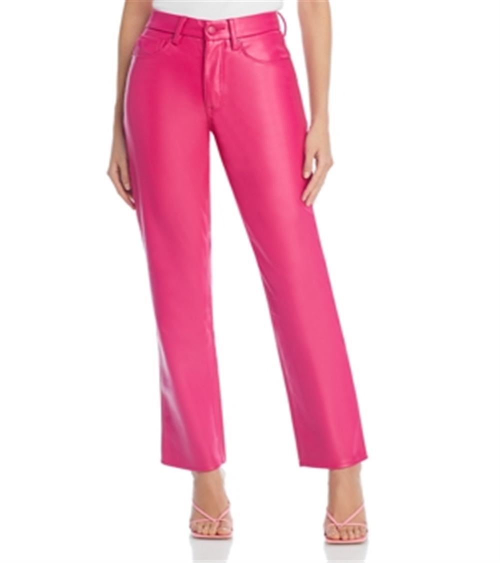 Calça jeans Good American de couro sintético Good Icon, cintura alta, perna reta, rosa, tamanho 6