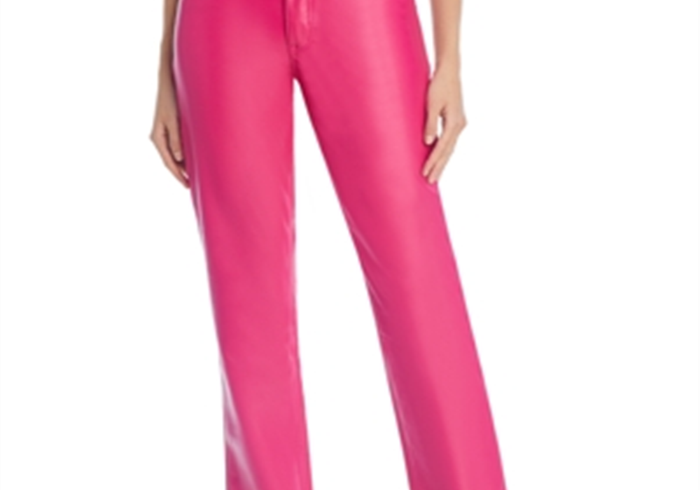 Calça jeans Good American de couro sintético Good Icon, cintura alta, perna reta, rosa, tamanho 6