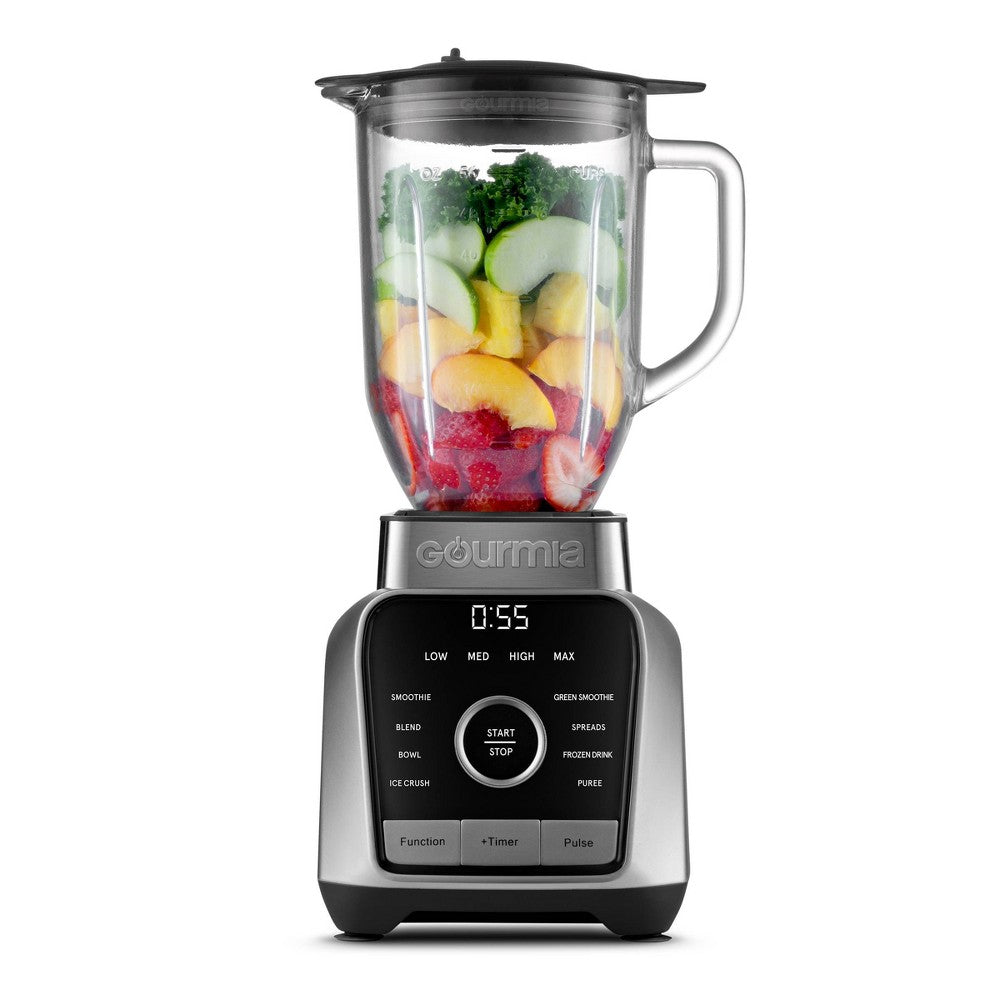 Gourmia Digital Blender with 8 Total Blend Programs 4 Speeds  RoundPlated Tamper Gray