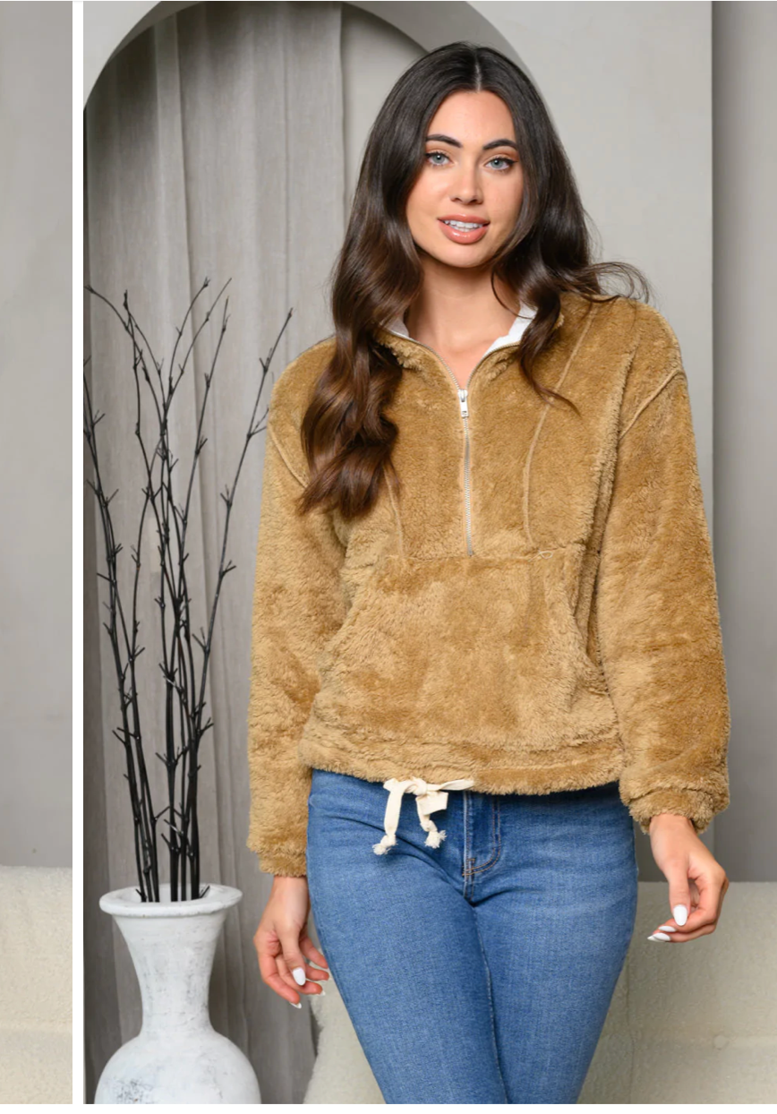 Jaqueta bomber feminina Frankie &amp; Pop sherpa primavera aconchegante camelo com bolso frontal marrom tamanho grande