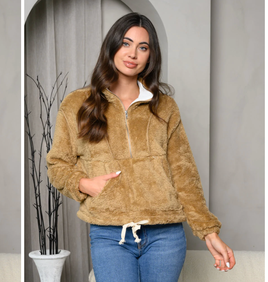 Jaqueta bomber feminina Frankie &amp; Pop sherpa primavera aconchegante camelo com bolso frontal marrom tamanho grande