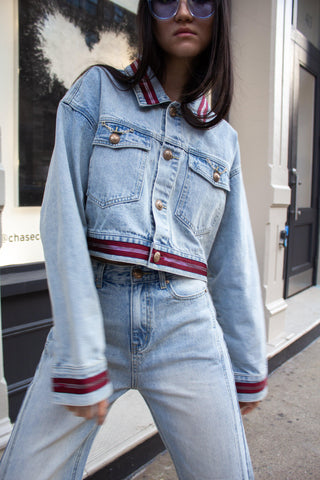 Jaqueta jeans Danielle com forro vermelho – Estilo casual feminino