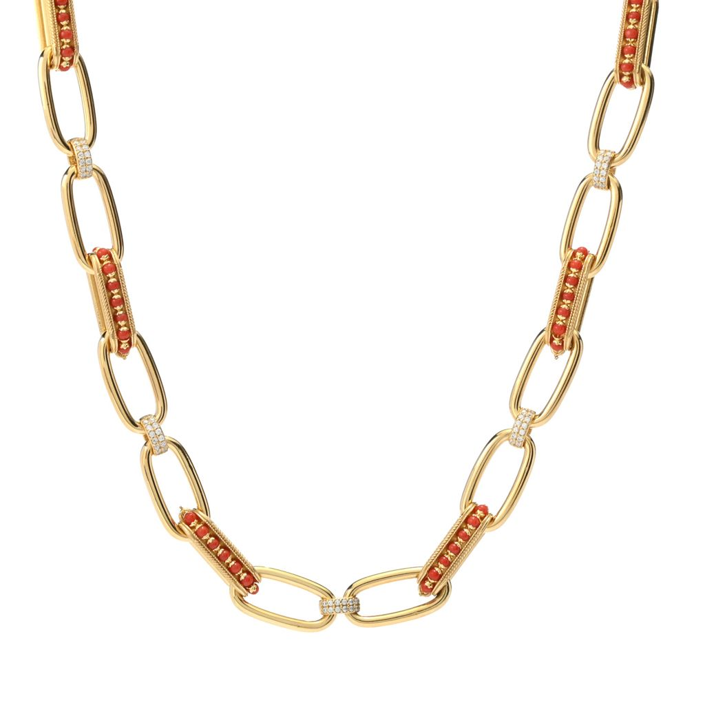 Gaetano Viiello 18K Gold Plated "Parigi" Coral & Simulated Diamond Paperclip Necklace