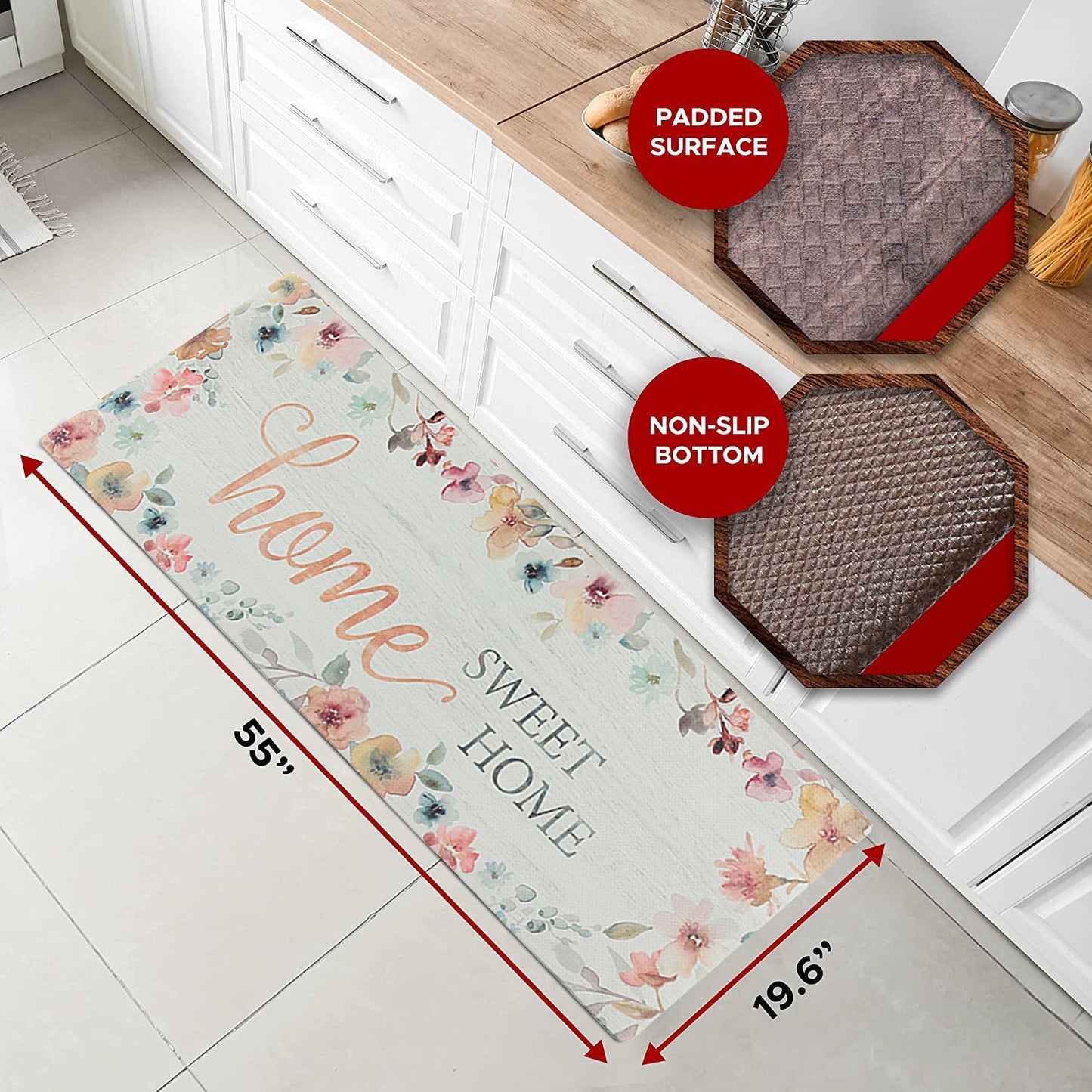 Tapete de cozinha de espuma viscoelástica antifadiga chique de 20" x 55" (Lar Doce Lar) 