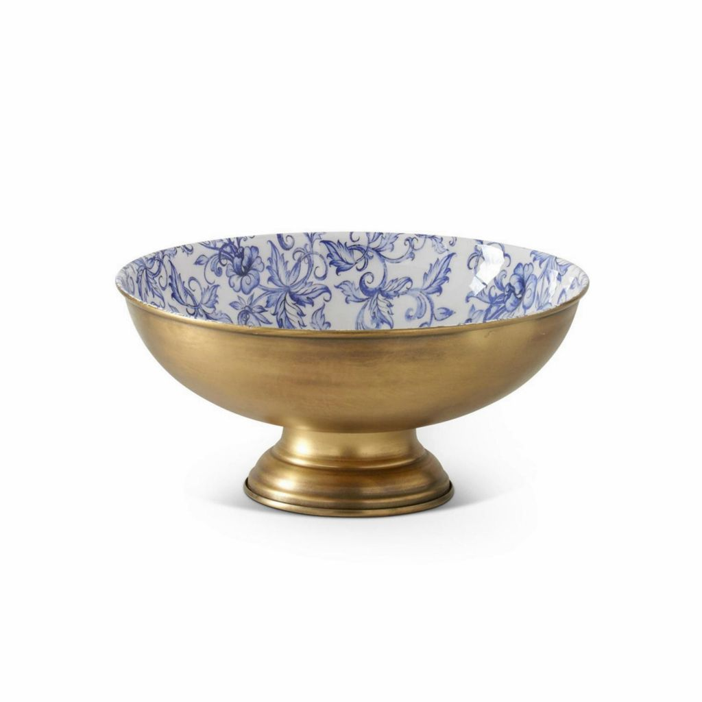 At Home w/ Jorge Parez 11" Brass Metal & Blue Floral Footed Bowl