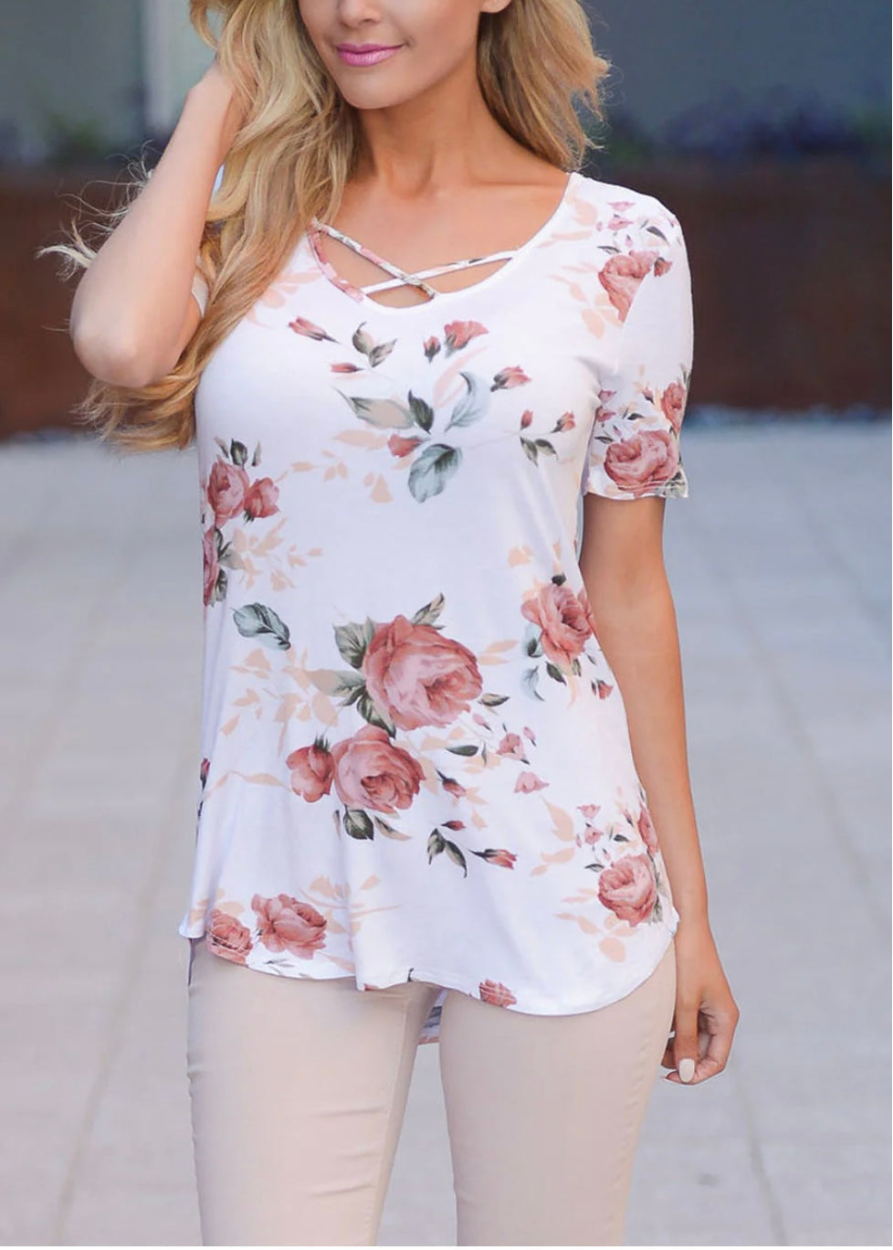 Blusa de praia casual com estampa country e decote em V feminina Frankie &amp; Pop, branca, tamanho médio