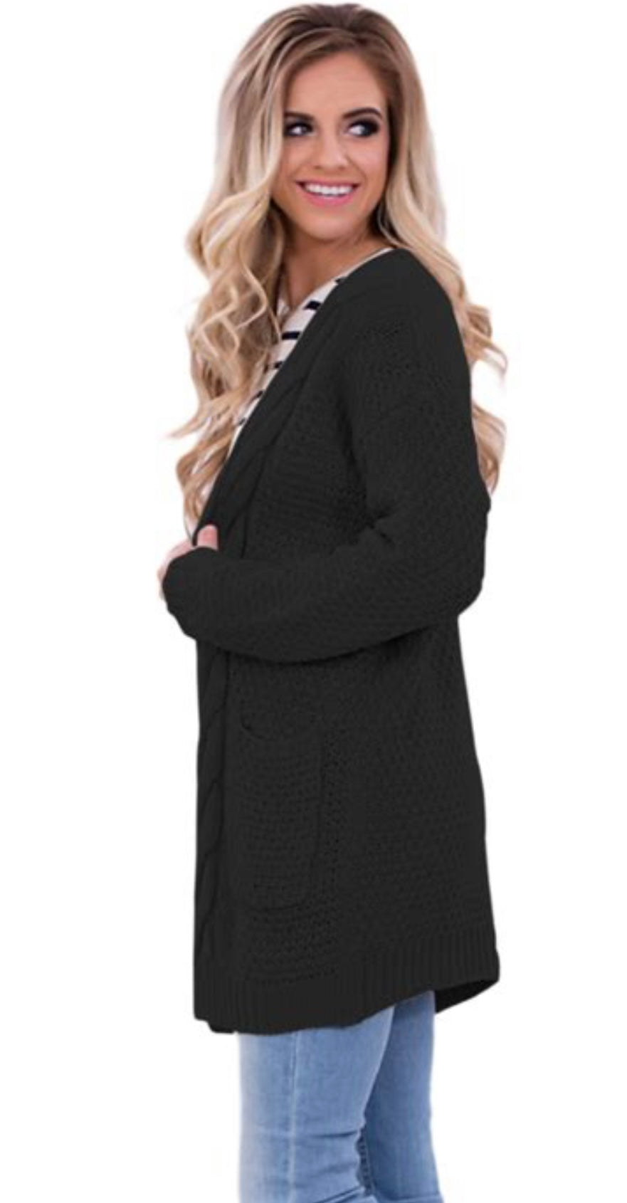 Cardigan feminino Frankie &amp; Pop de manga comprida com bolso frontal leve e aberto, tamanho médio, preto