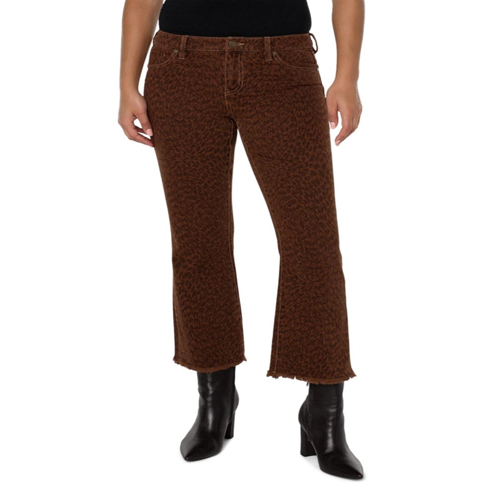 Calça jeans cropped flare Hannah, Liverpool Los Angeles, estampa animal abstrata, marrom, tamanho 4