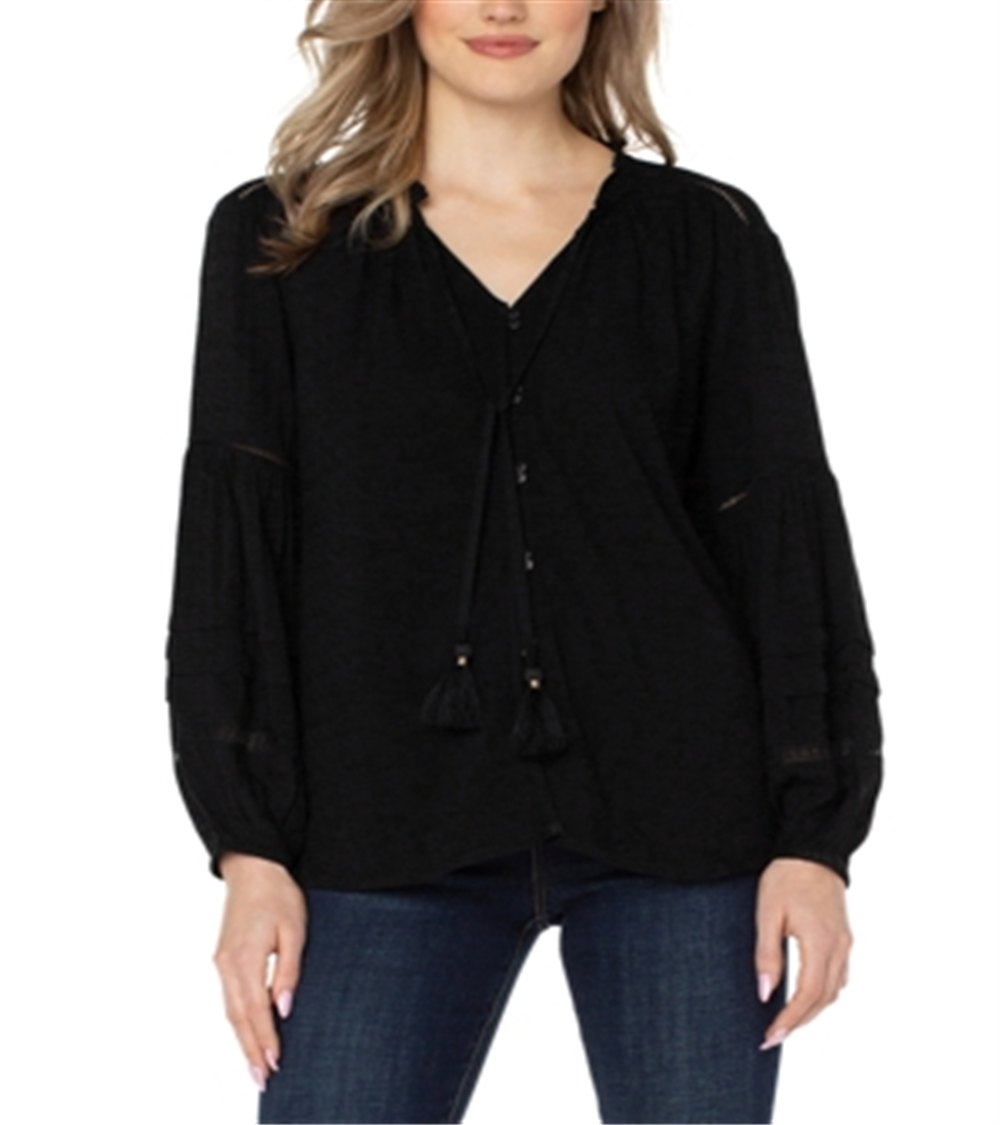 Blusa Liverpool Los Angeles com gola amarrada e manga comprida, preta, tamanho XS