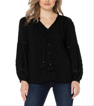 Blusa Liverpool Los Angeles com gola amarrada e manga comprida, preta, tamanho XS