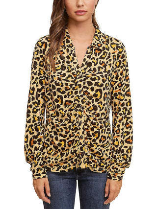 Camisa de um fio com frente franzida e estampa animal