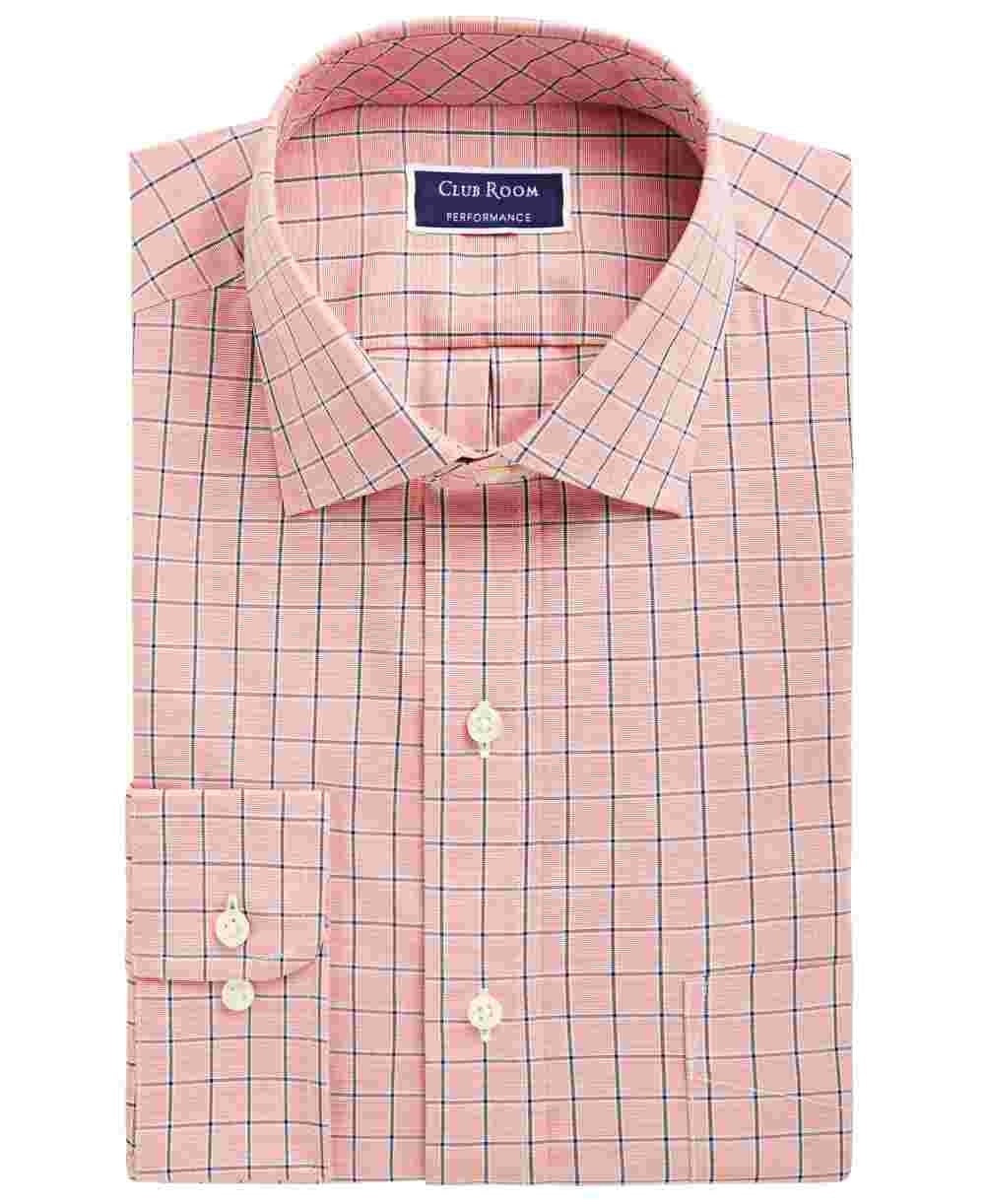 Camisa social masculina Club Room com estampa de janela xadrez e gola pontiaguda, ajuste clássico, elástica, tamanho rosa, 18x34-35