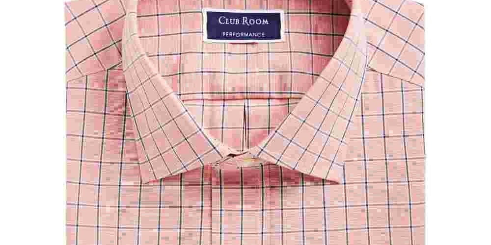 Camisa social masculina Club Room com estampa de janela xadrez e gola pontiaguda, ajuste clássico, elástica, tamanho rosa, 18x34-35