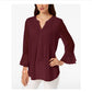Blusa feminina lisa de manga comprida com decote em V e manga comprida, tamanho pequeno e vinho