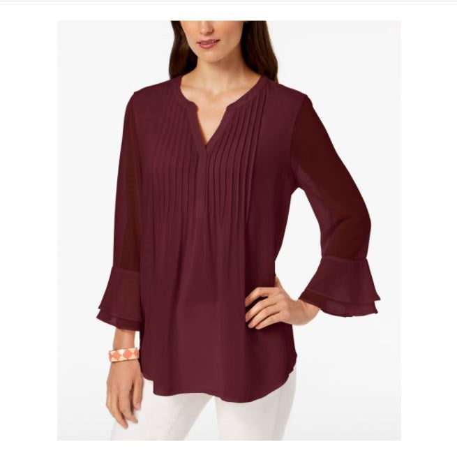 Blusa feminina lisa de manga comprida com decote em V e manga comprida, tamanho pequeno e vinho