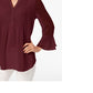 Blusa feminina lisa de manga comprida com decote em V e manga comprida, tamanho pequeno e vinho