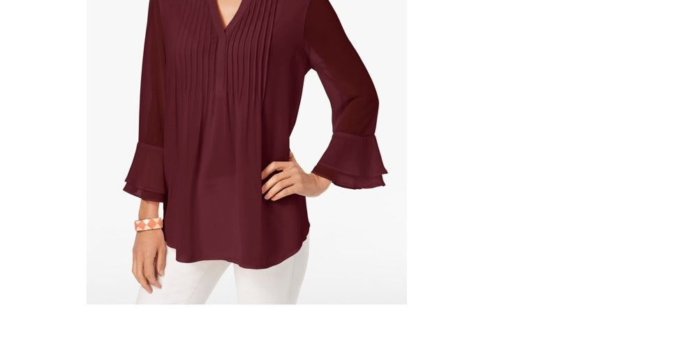 Blusa feminina lisa de manga comprida com decote em V e manga comprida, tamanho pequeno e vinho