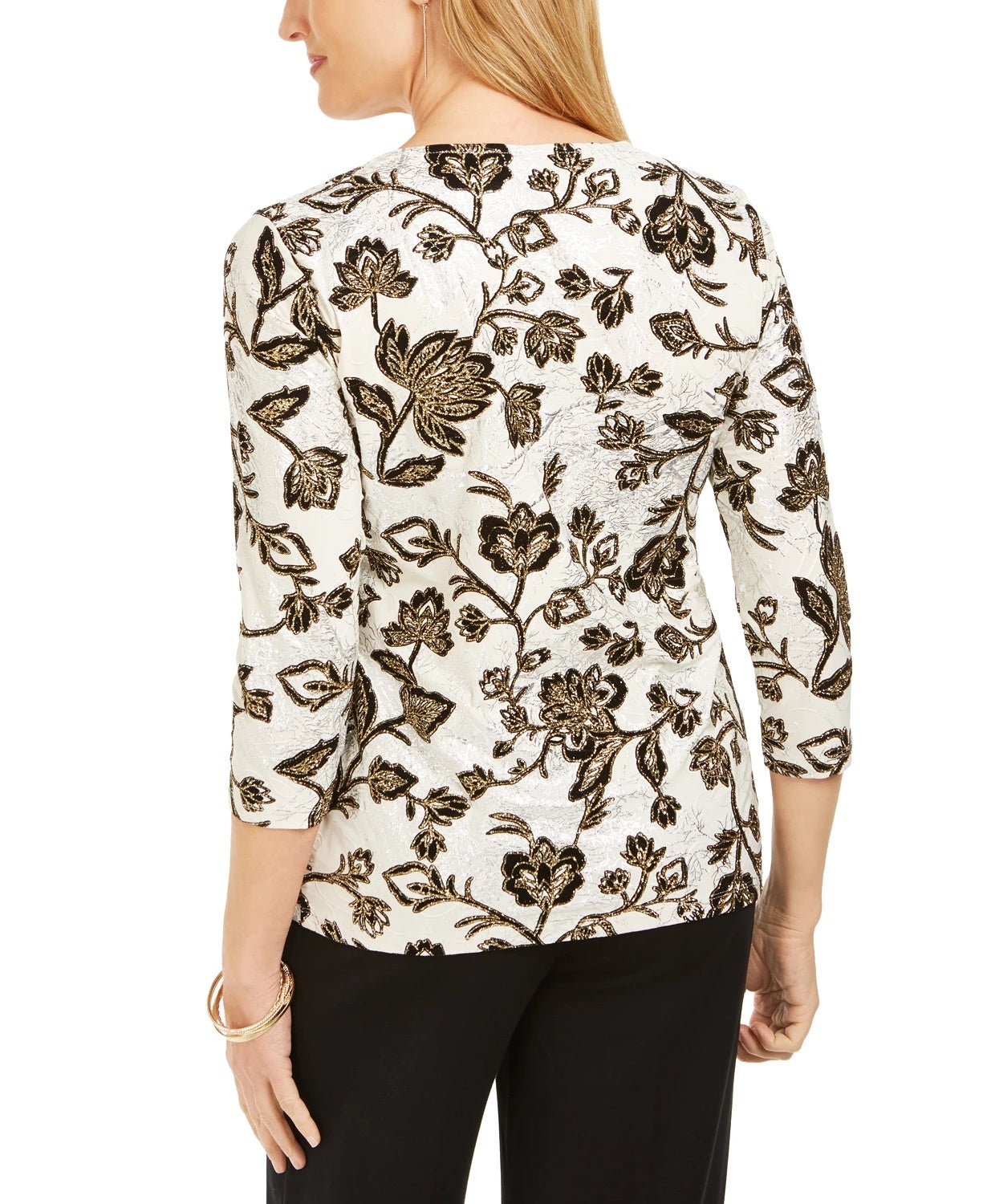 JM Collection Top jacquard feminino com detalhes bege, tamanho extragrande