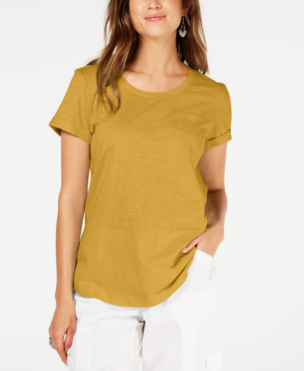 Camiseta feminina de algodão com mangas compridas Style &amp; Co, tamanho P, dourada