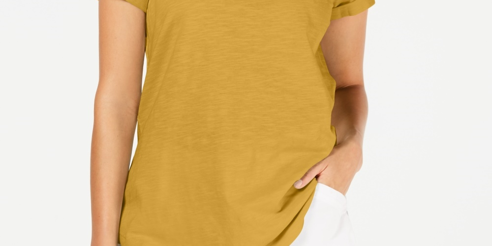 Camiseta feminina de algodão com mangas compridas Style &amp; Co, tamanho P, dourada