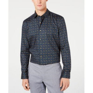 Camisa social masculina Bar III Slim Fit Stretch de fácil cuidado com estampa floral aquarela azul escuro tamanho 17,5x36-37