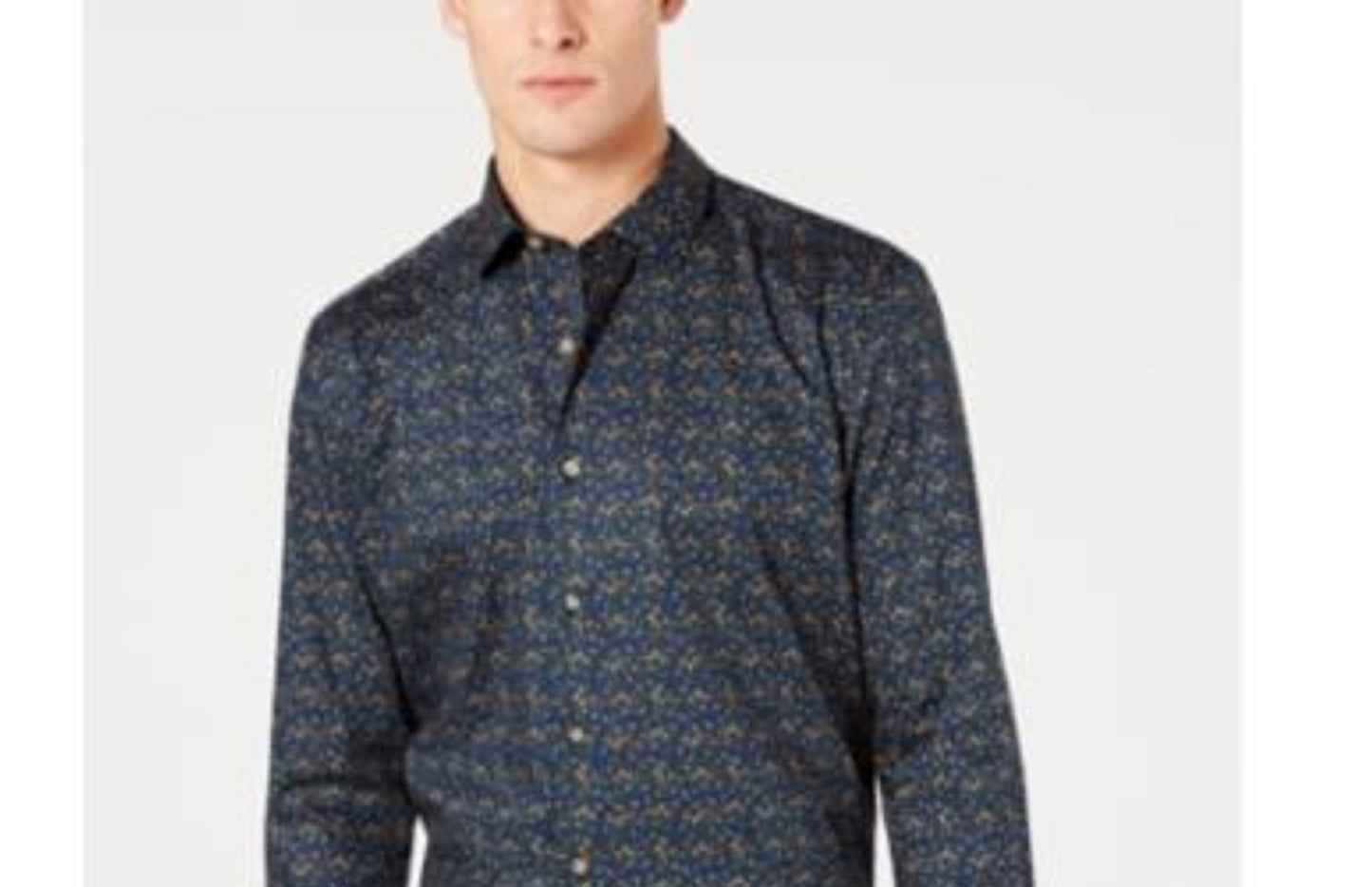 Camisa social masculina Bar III Slim Fit Stretch de fácil cuidado com estampa floral aquarela azul escuro tamanho 17,5x36-37
