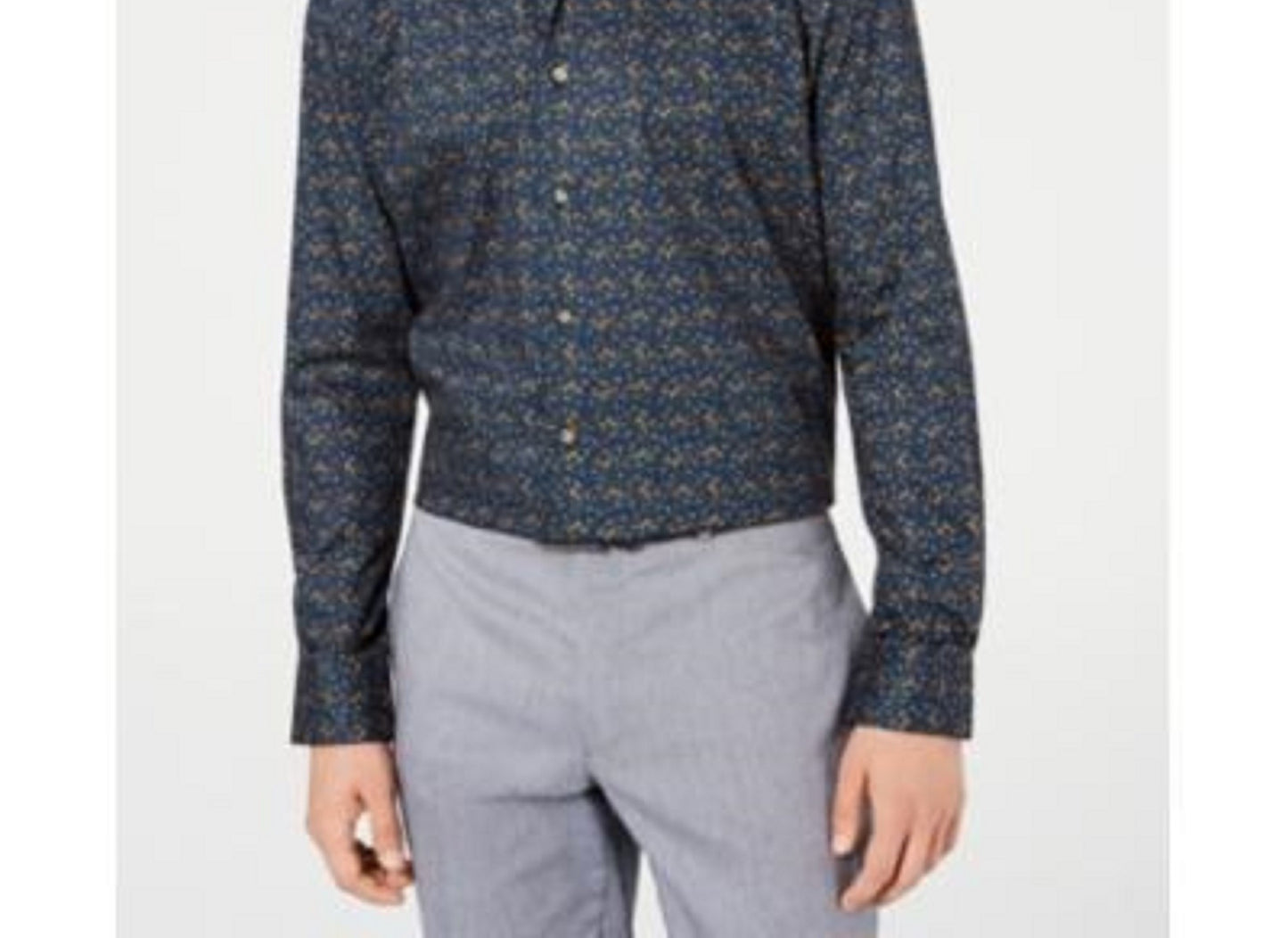 Camisa social masculina Bar III Slim Fit Stretch de fácil cuidado com estampa floral aquarela azul escuro tamanho 17,5x36-37