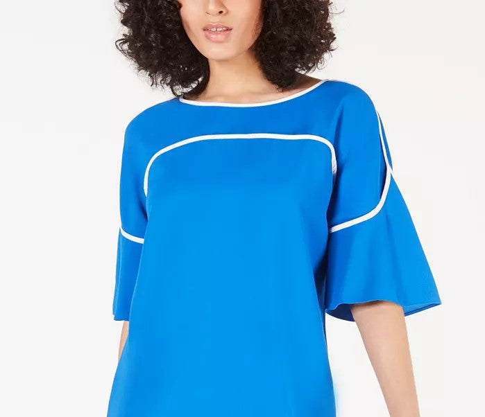Blusa feminina Alfani Petite com decote em V e mangas curtas, azul escuro, tamanho médio