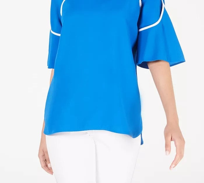 Blusa feminina Alfani Petite com decote em V e mangas curtas, azul escuro, tamanho médio