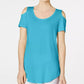 Camiseta feminina JM Collection com ombros descobertos e manga curta, azul brilhante, tamanho pequeno