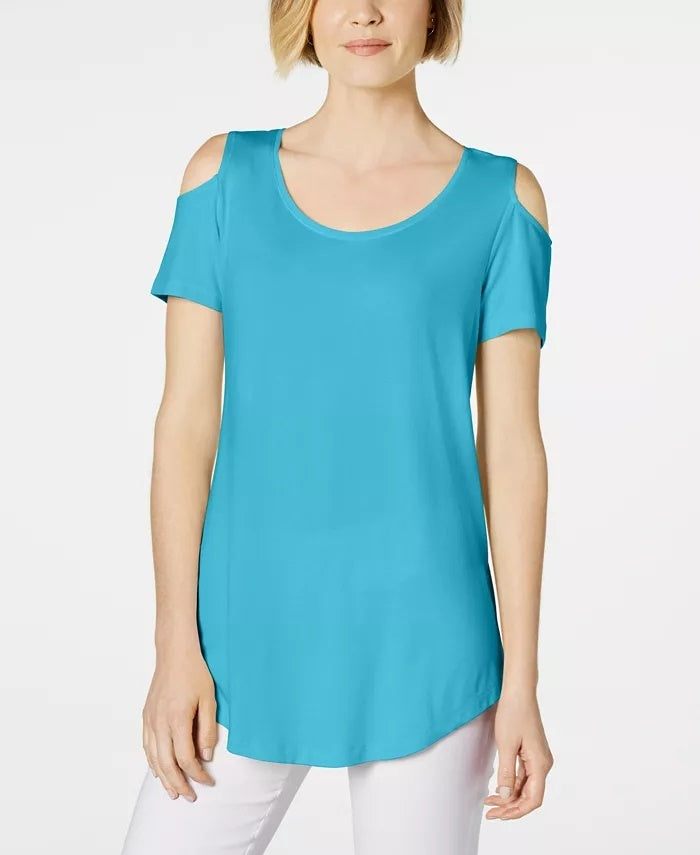 Camiseta feminina JM Collection com ombros descobertos e manga curta, azul brilhante, tamanho pequeno