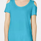 Camiseta feminina JM Collection com ombros descobertos e manga curta, azul brilhante, tamanho pequeno