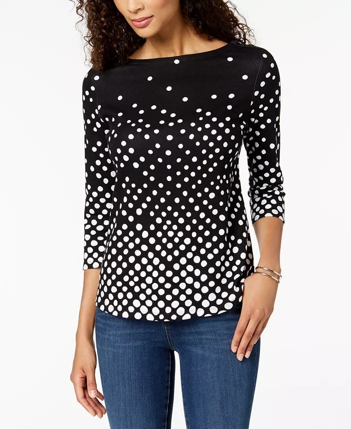 Camiseta feminina Charter Club de algodão Pima com estampa de botões e ombros, preta, tamanho X-S