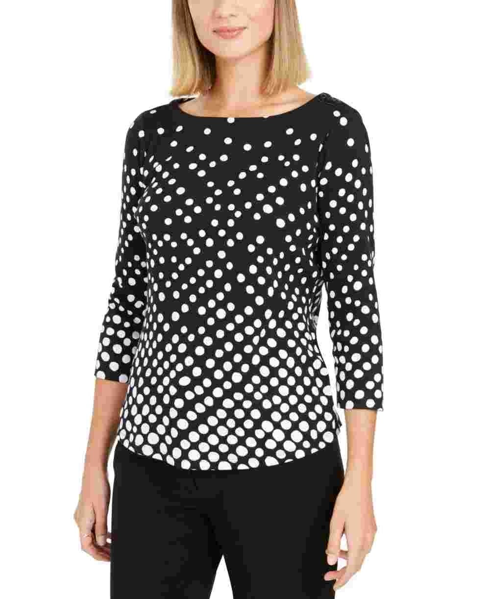 Charter Club Petite Pima Cotton Women's Top com estampa de botões e ombros, preto, tamanho pequeno