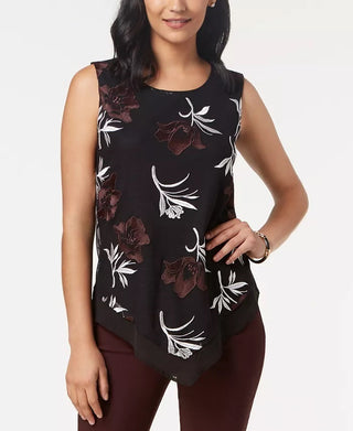 Blusa feminina Alfani preta assimétrica com decote em joia e estampa floral, tamanho pequeno, vermelha